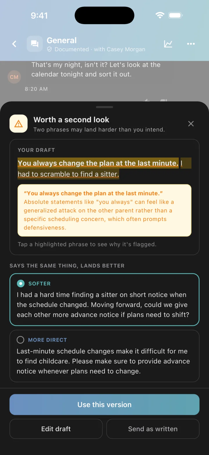 The review sheet: flagged phrases, Softer and More direct rewrites